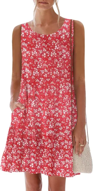 nclook Womens Summer Casual Dresses Sweet Cute Crewneck Sleeveless Dress with Pockets