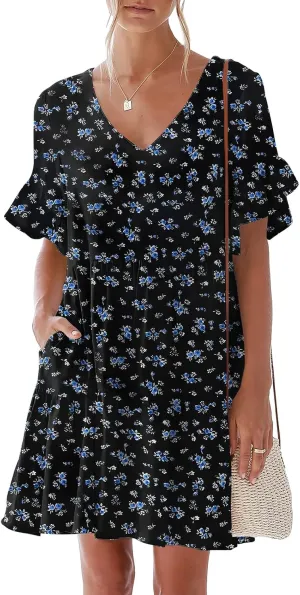 nclook Womens Summer Casual Dresses Sweet Cute V Neck Mini Dress with Pockets Ruffle Short Sleeve