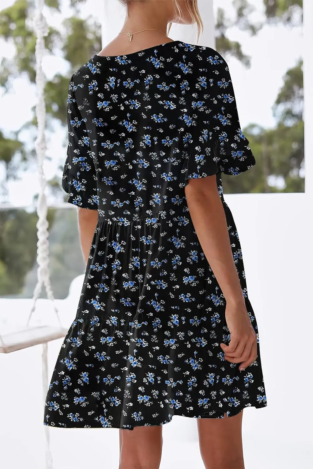 nclook Womens Summer Casual Dresses Sweet Cute V Neck Mini Dress with Pockets Ruffle Short Sleeve