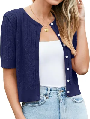 Newshows Womens Cropped Cardigan Sweaters 2025 Summer Lightweight Short Sleeve Bolero Shrug Hollow Out Button Down Tops