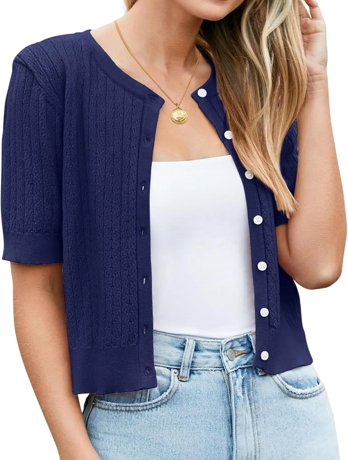 Newshows Womens Cropped Cardigan Sweaters 2025 Summer Lightweight Short Sleeve Bolero Shrug Hollow Out Button Down Tops