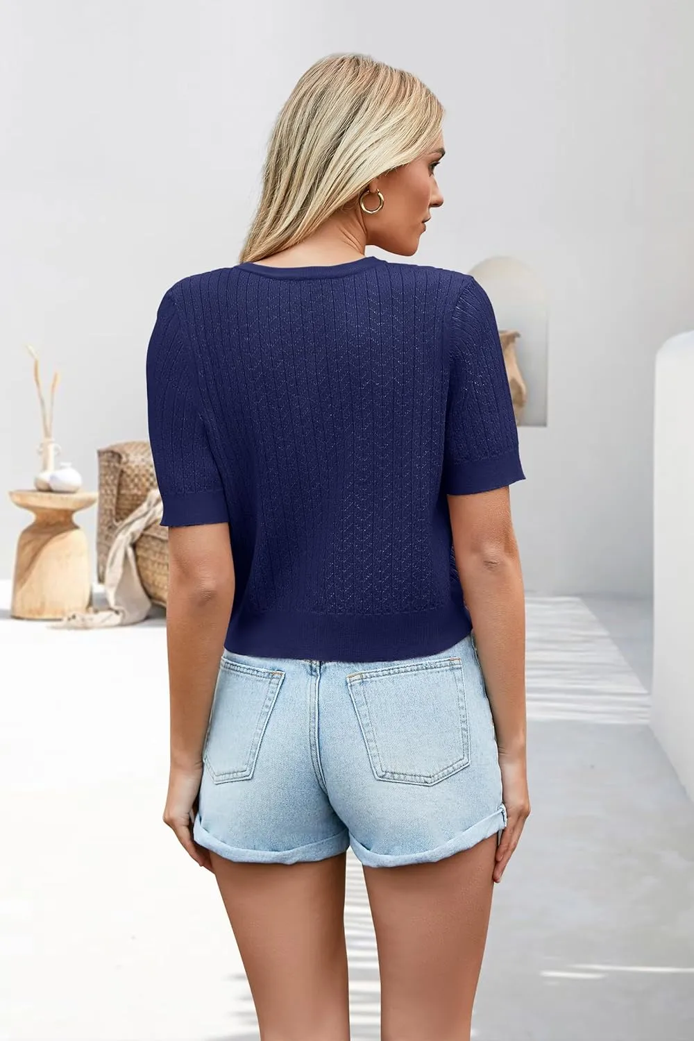 Newshows Womens Cropped Cardigan Sweaters 2025 Summer Lightweight Short Sleeve Bolero Shrug Hollow Out Button Down Tops