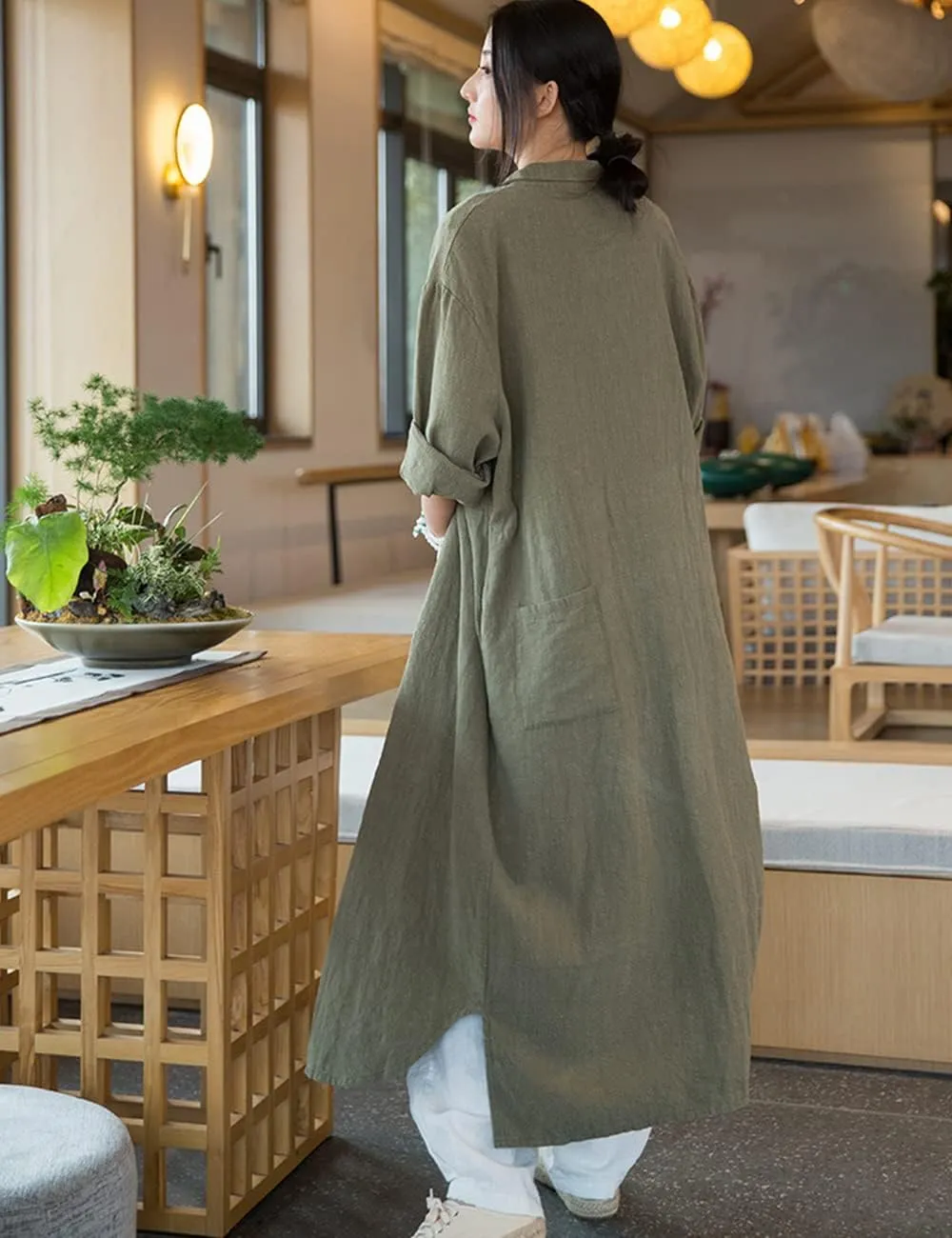 NFYM Women Casual Cotton Linen Lapel Shirt Trench Coats Lightweight Loose Button Up Pockets Long Maxi Shirt Jacket Shacket