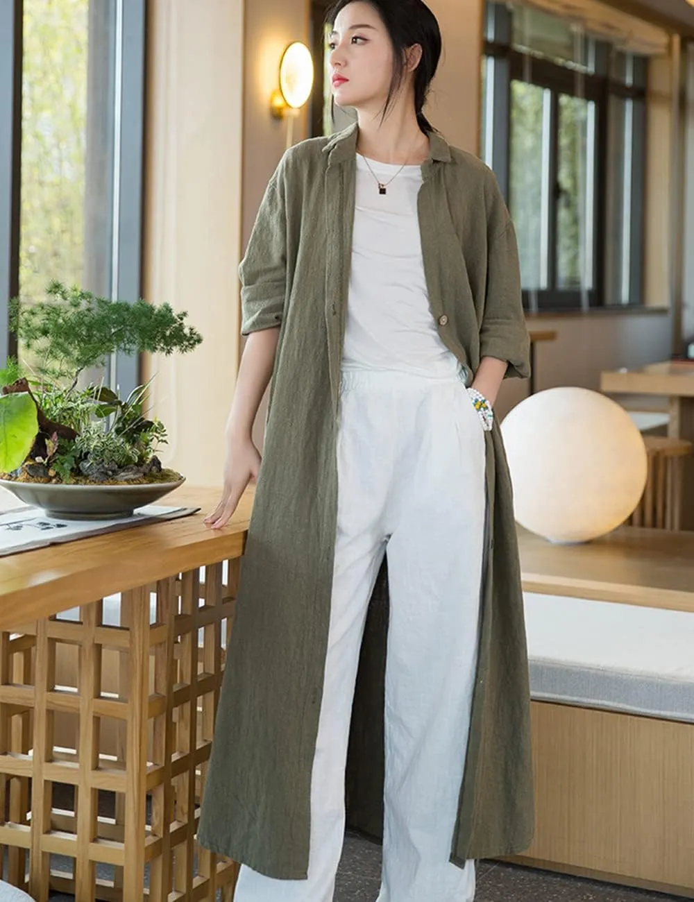 NFYM Women Casual Cotton Linen Lapel Shirt Trench Coats Lightweight Loose Button Up Pockets Long Maxi Shirt Jacket Shacket