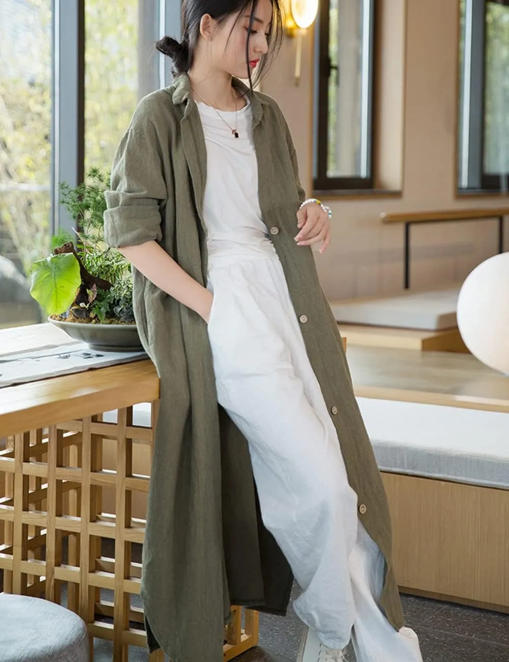 NFYM Women Casual Cotton Linen Lapel Shirt Trench Coats Lightweight Loose Button Up Pockets Long Maxi Shirt Jacket Shacket