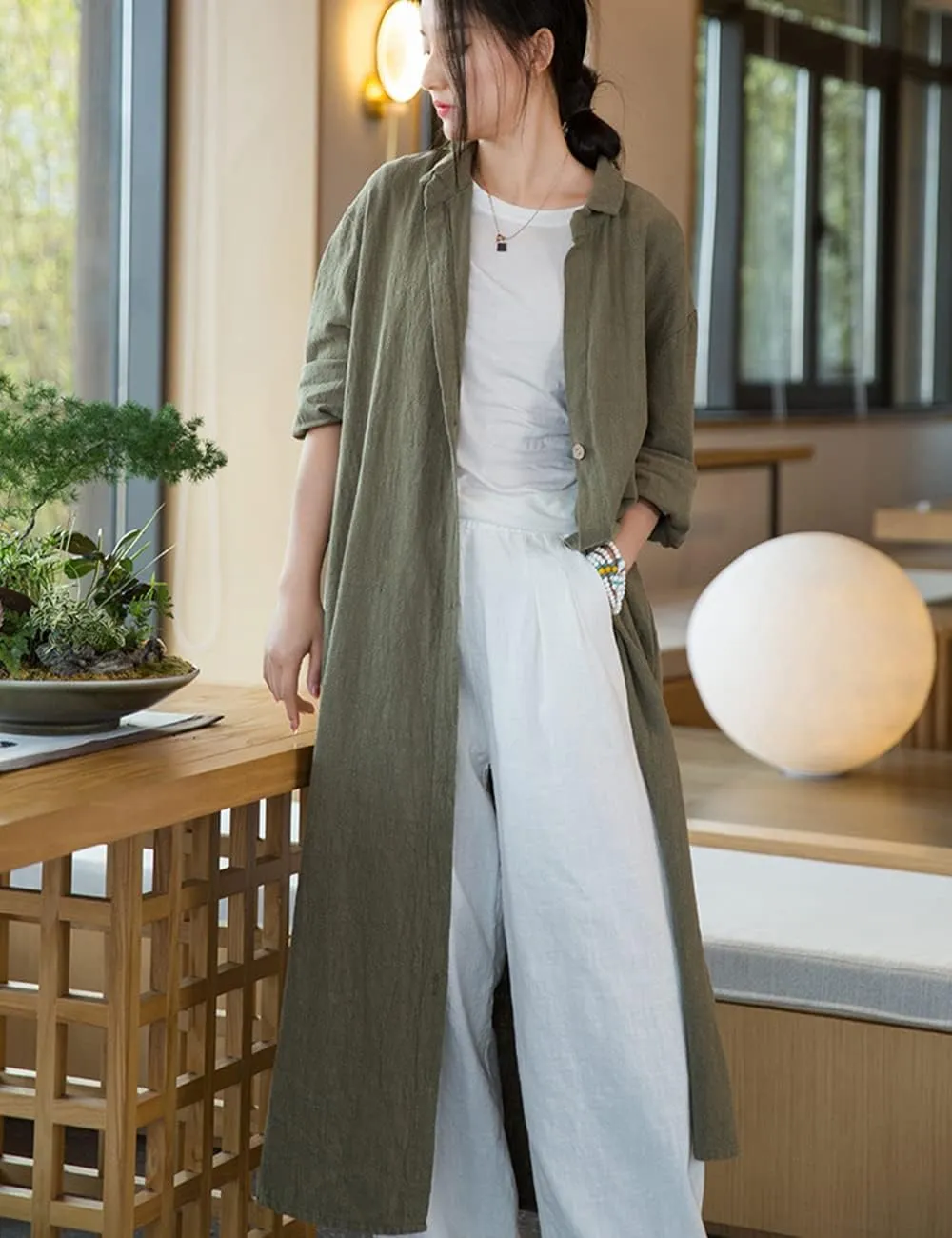 NFYM Women Casual Cotton Linen Lapel Shirt Trench Coats Lightweight Loose Button Up Pockets Long Maxi Shirt Jacket Shacket