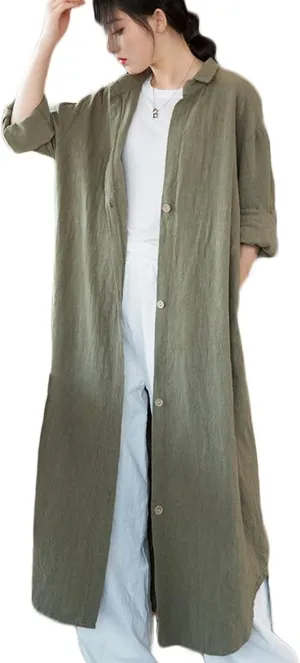 NFYM Women Casual Cotton Linen Lapel Shirt Trench Coats Lightweight Loose Button Up Pockets Long Maxi Shirt Jacket Shacket