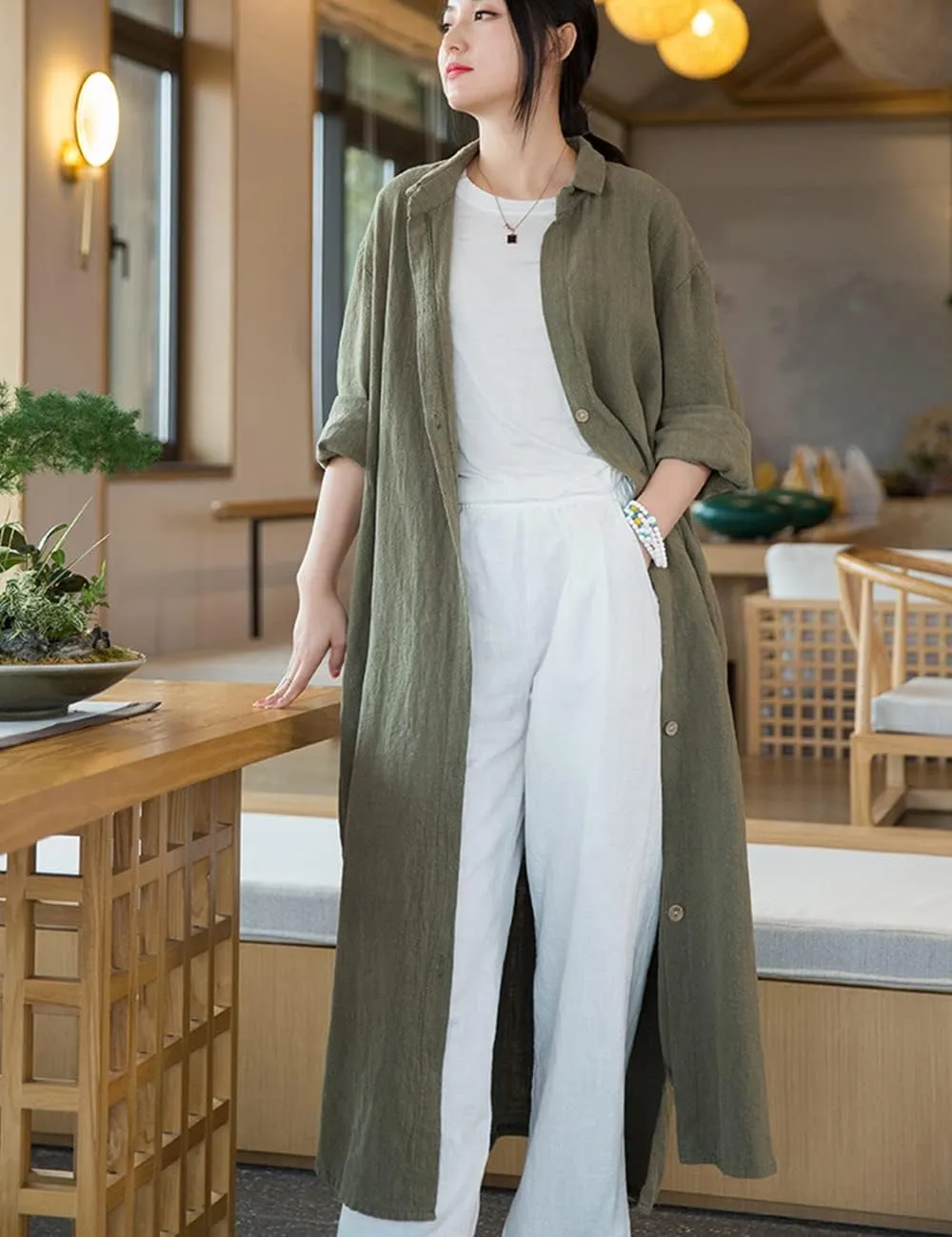 NFYM Women Casual Cotton Linen Lapel Shirt Trench Coats Lightweight Loose Button Up Pockets Long Maxi Shirt Jacket Shacket