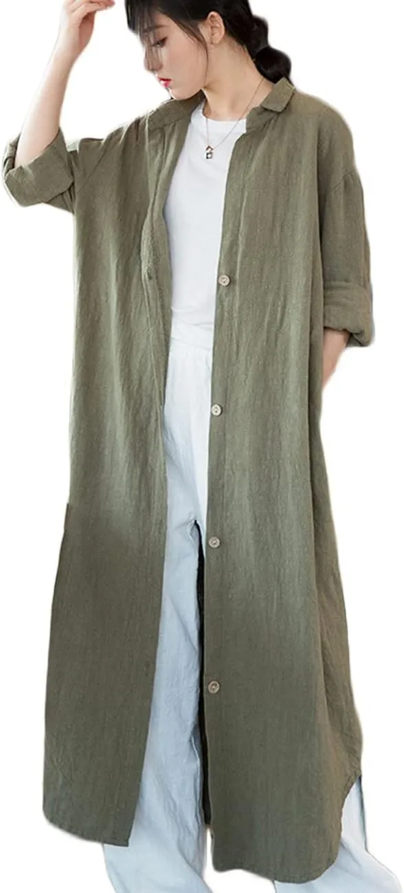 NFYM Women Casual Cotton Linen Lapel Shirt Trench Coats Lightweight Loose Button Up Pockets Long Maxi Shirt Jacket Shacket