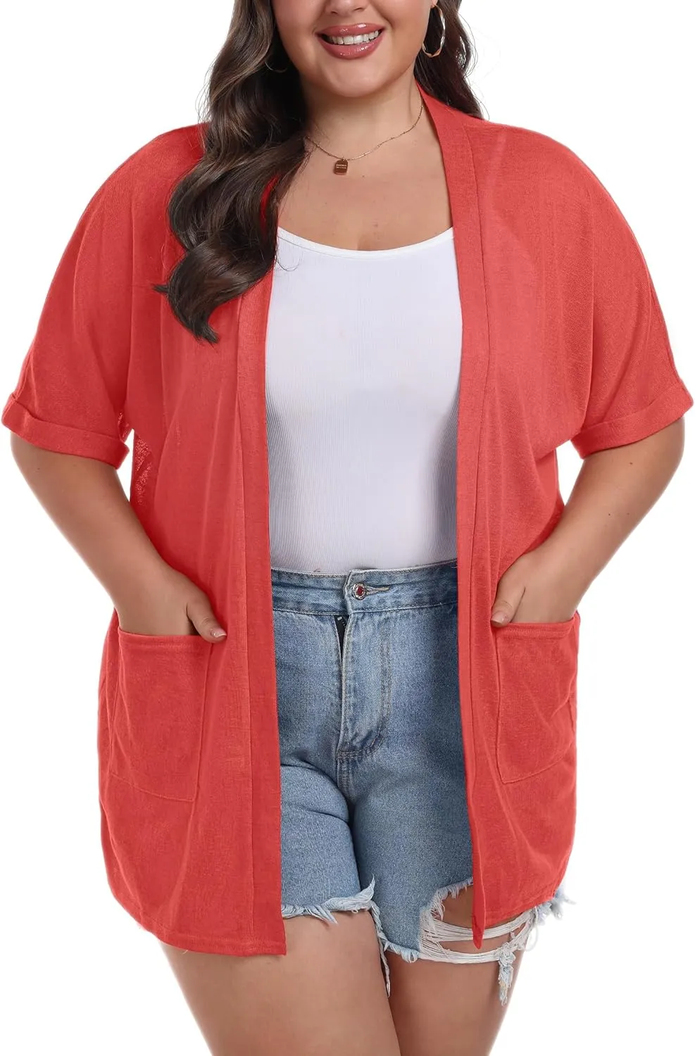 OLRIK Plus Size Lightweight Cardigan for Women Summer Sheer Short Sleeve Cardigan with Pockets Beach Cover Up