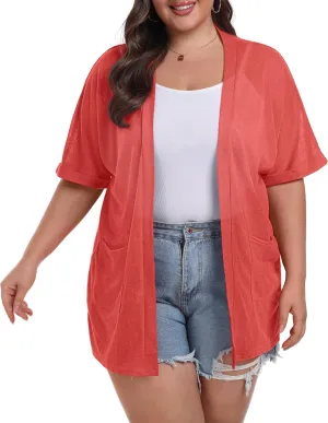 OLRIK Plus Size Lightweight Cardigan for Women Summer Sheer Short Sleeve Cardigan with Pockets Beach Cover Up