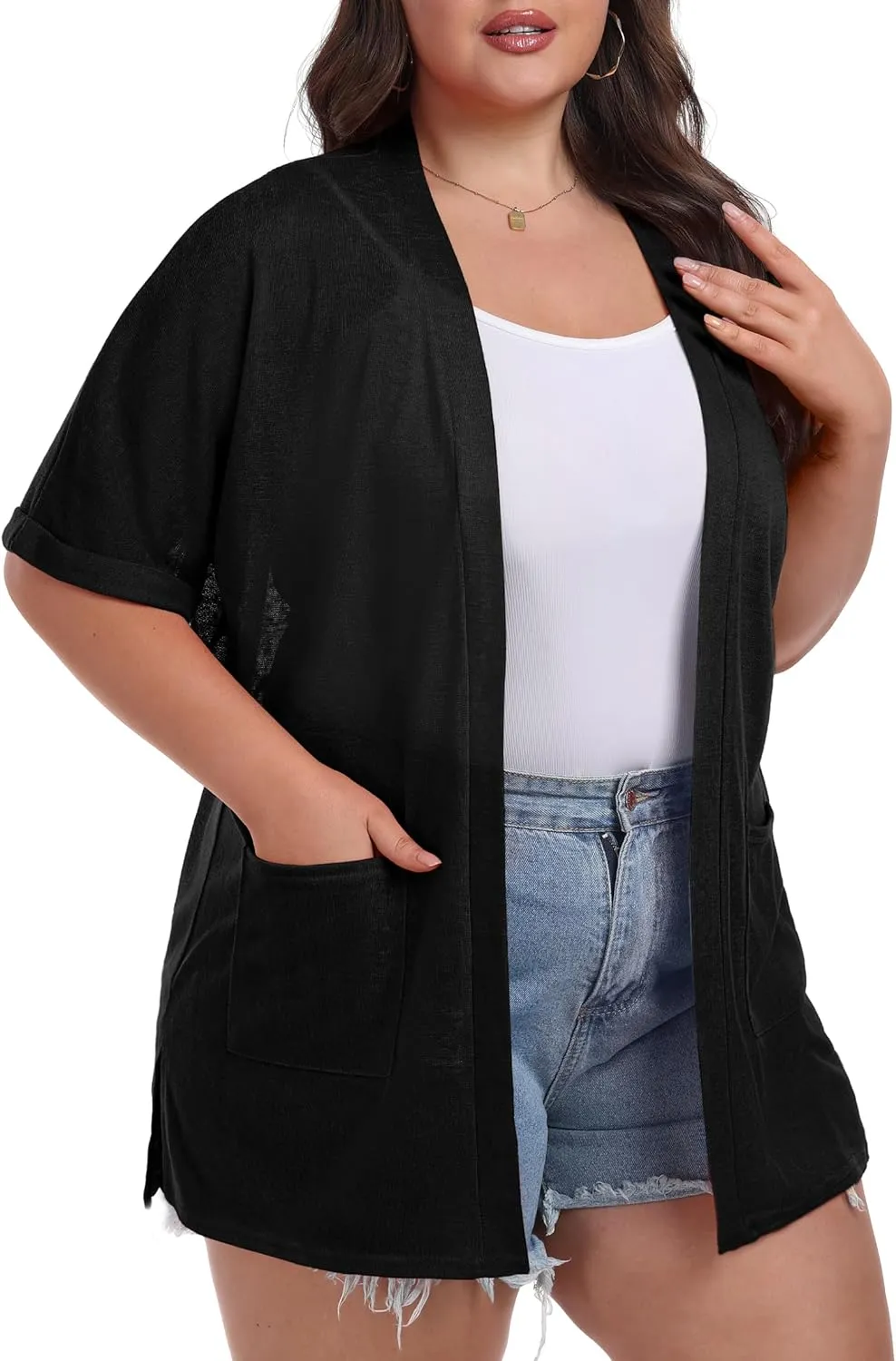OLRIK Plus Size Lightweight Cardigan for Women Summer Sheer Short Sleeve Cardigan with Pockets Beach Cover Up