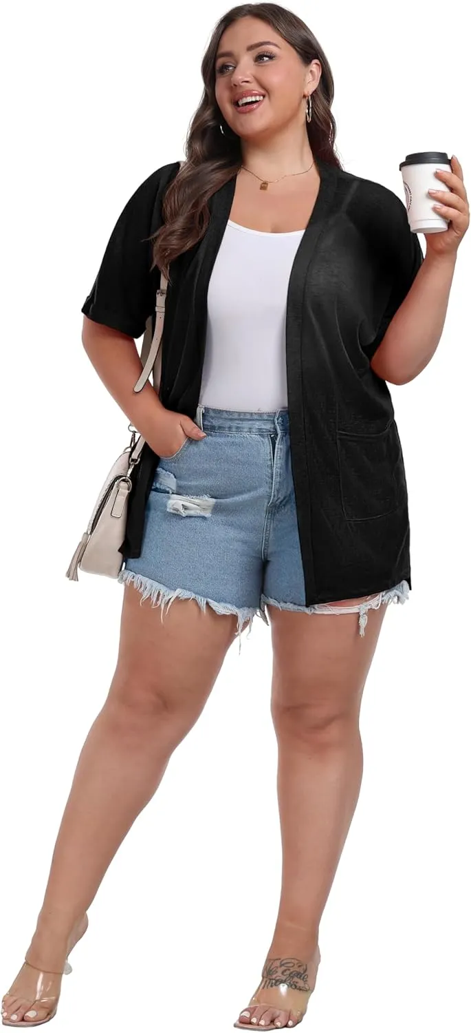 OLRIK Plus Size Lightweight Cardigan for Women Summer Sheer Short Sleeve Cardigan with Pockets Beach Cover Up