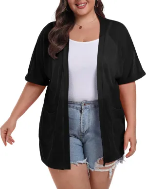 OLRIK Plus Size Lightweight Cardigan for Women Summer Sheer Short Sleeve Cardigan with Pockets Beach Cover Up