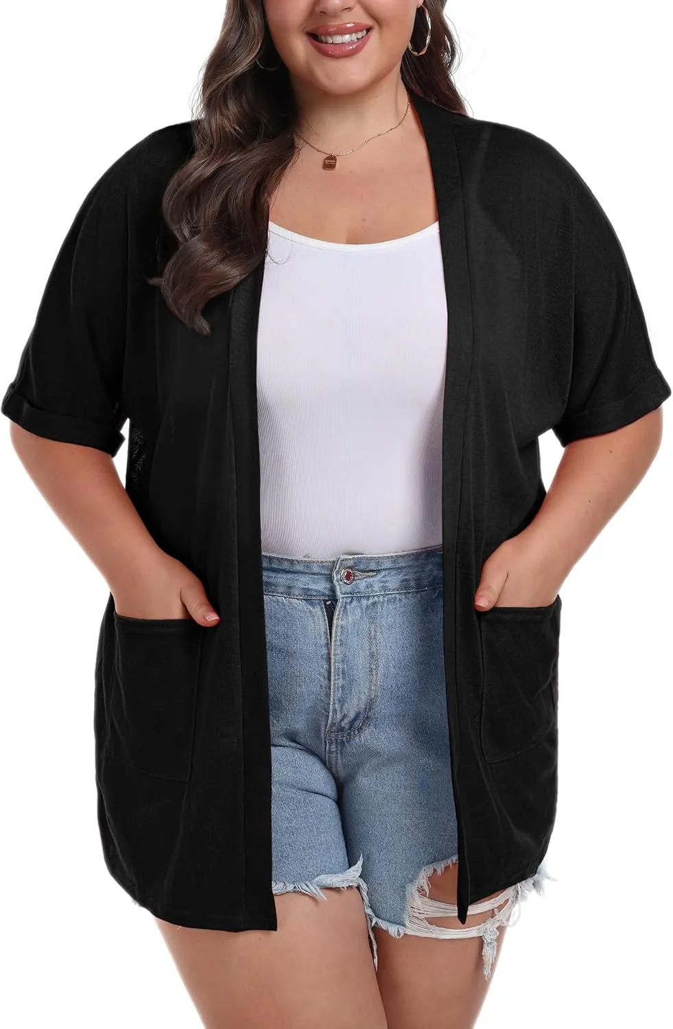 OLRIK Plus Size Lightweight Cardigan for Women Summer Sheer Short Sleeve Cardigan with Pockets Beach Cover Up