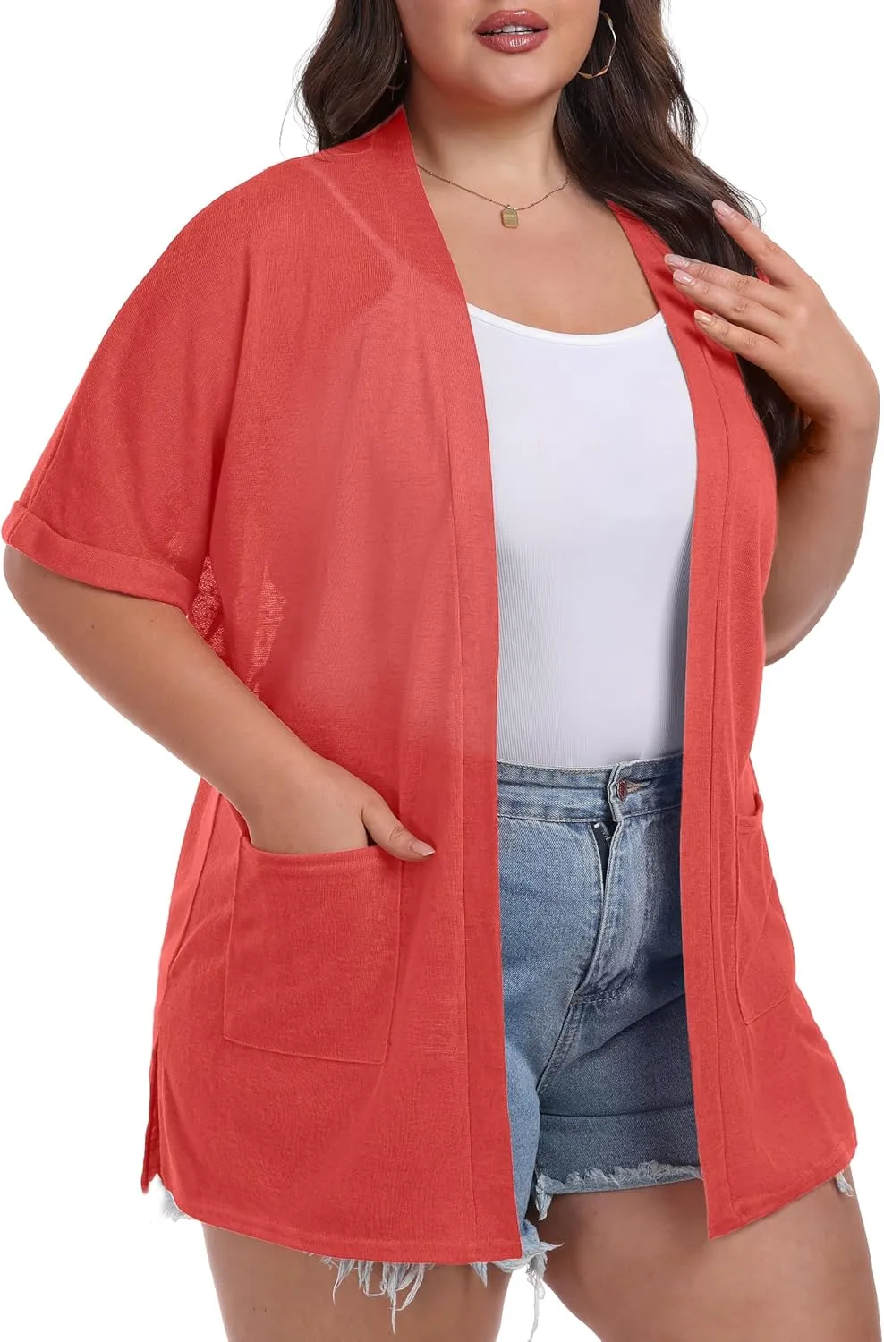 OLRIK Plus Size Lightweight Cardigan for Women Summer Sheer Short Sleeve Cardigan with Pockets Beach Cover Up