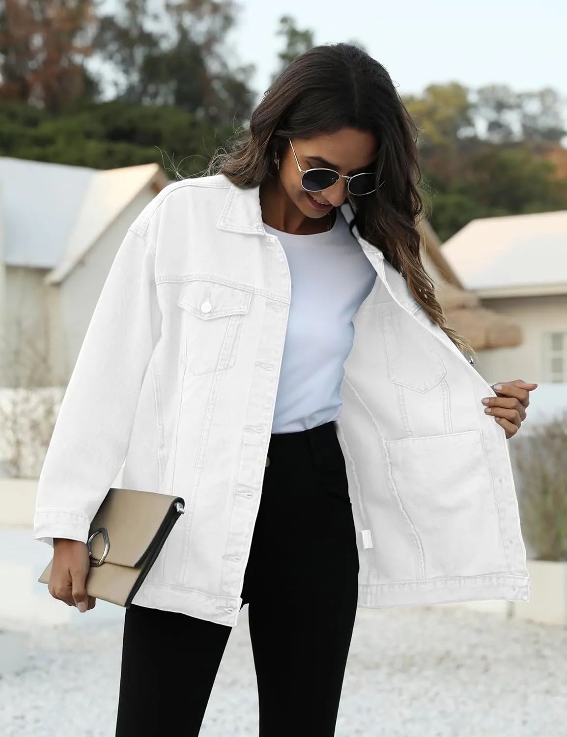 Omoone Women's Oversized Mid Long Denim Jacket Jean Biker Coat