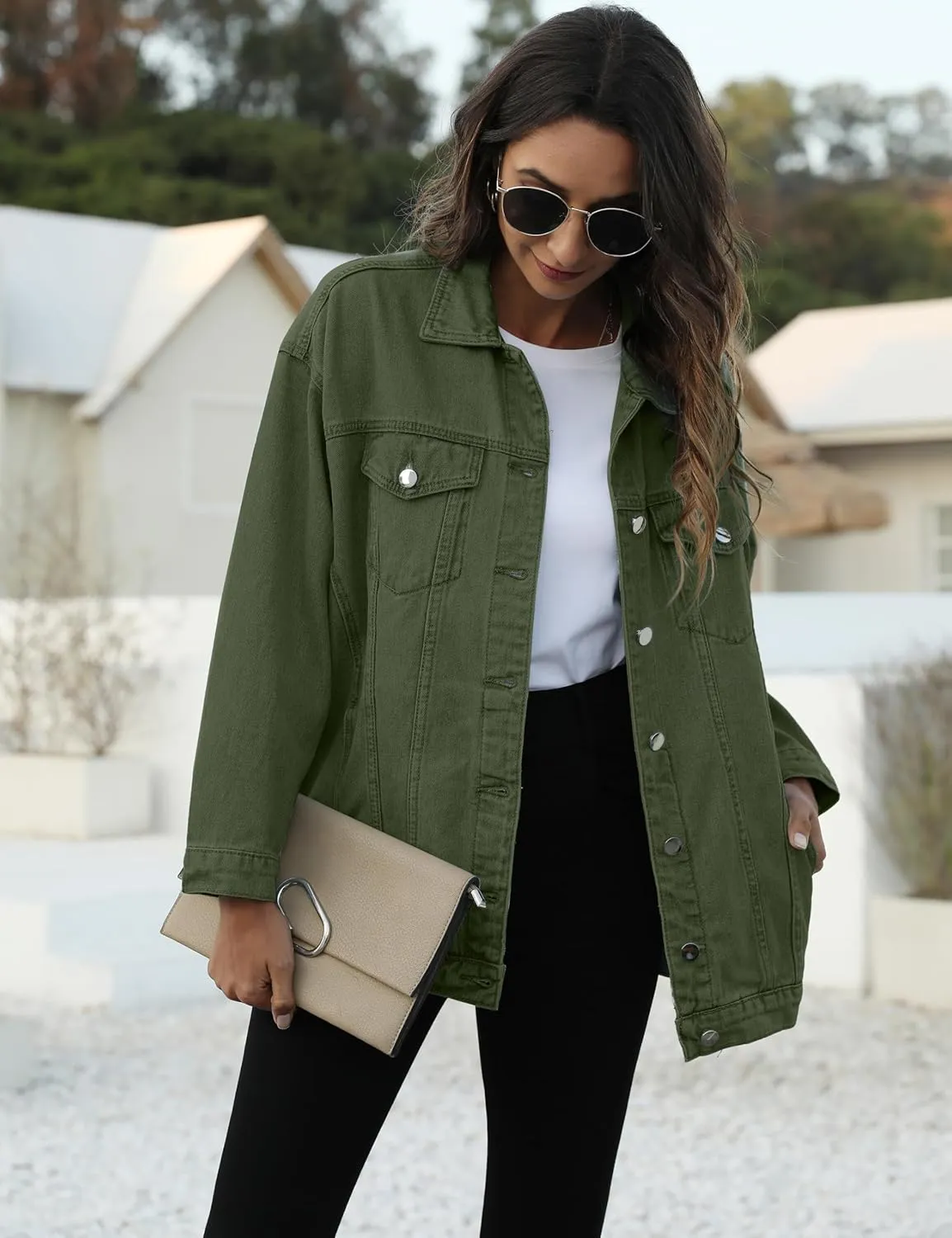Omoone Women's Oversized Mid Long Denim Jacket Jean Biker Coat