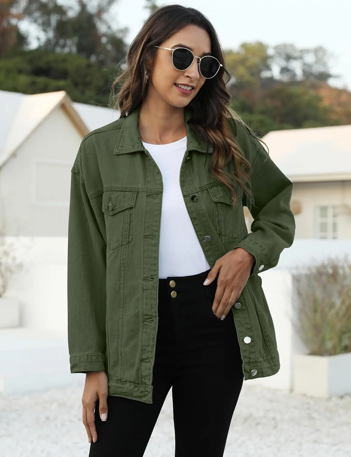 Omoone Women's Oversized Mid Long Denim Jacket Jean Biker Coat