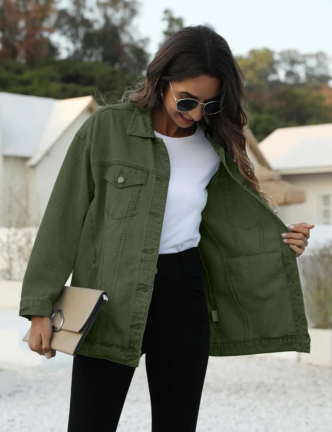 Omoone Women's Oversized Mid Long Denim Jacket Jean Biker Coat