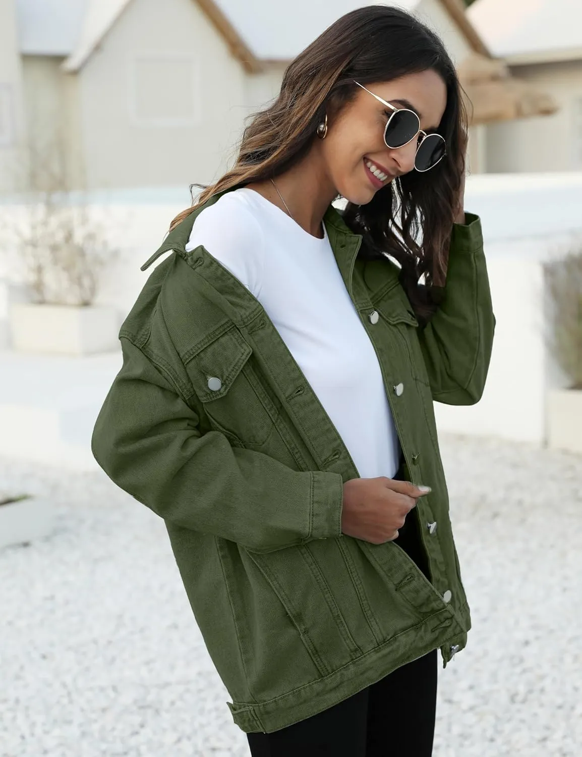 Omoone Women's Oversized Mid Long Denim Jacket Jean Biker Coat