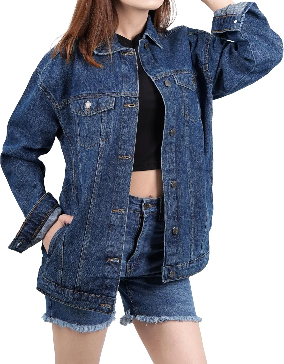 Oversized Jean Jacket for Women - Casual Trendy Fashion Denim Blue and Black Jean Jacket Women