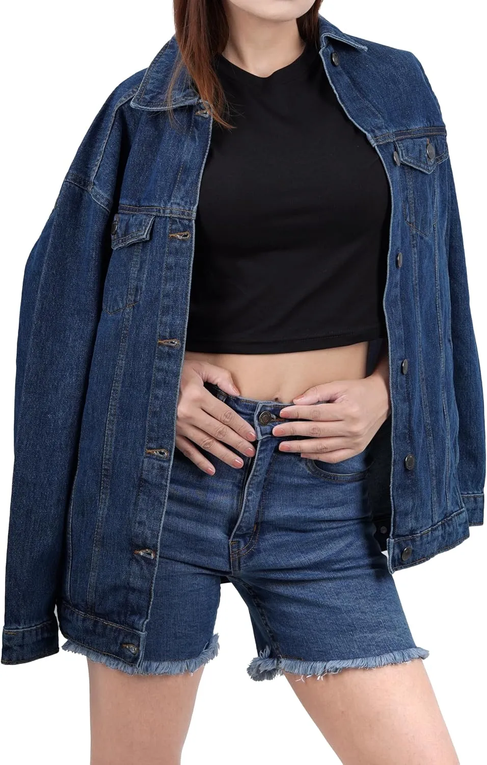 Oversized Jean Jacket for Women - Casual Trendy Fashion Denim Blue and Black Jean Jacket Women