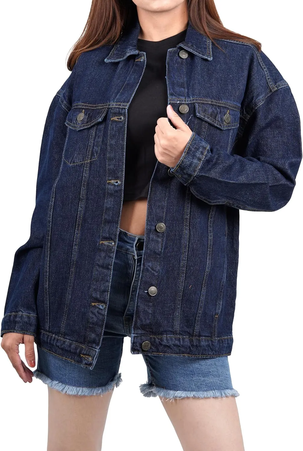 Oversized Jean Jacket for Women - Casual Trendy Fashion Denim Blue and Black Jean Jacket Women
