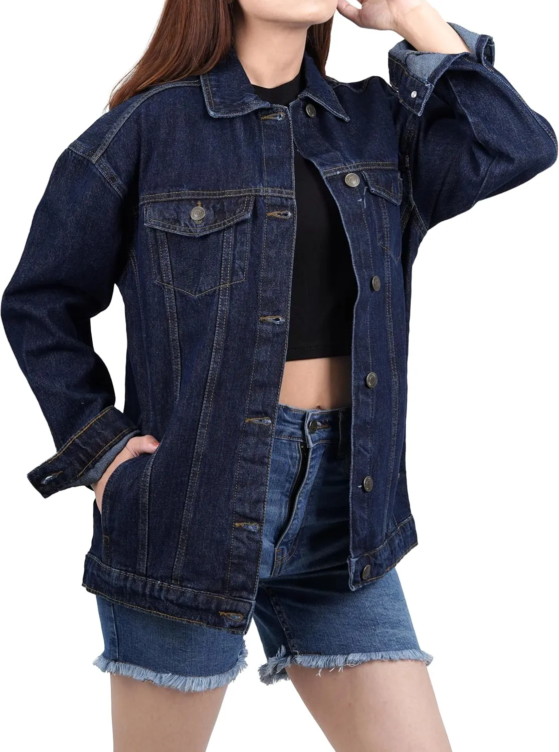 Oversized Jean Jacket for Women - Casual Trendy Fashion Denim Blue and Black Jean Jacket Women