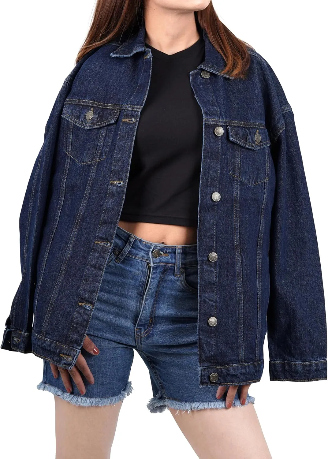 Oversized Jean Jacket for Women - Casual Trendy Fashion Denim Blue and Black Jean Jacket Women