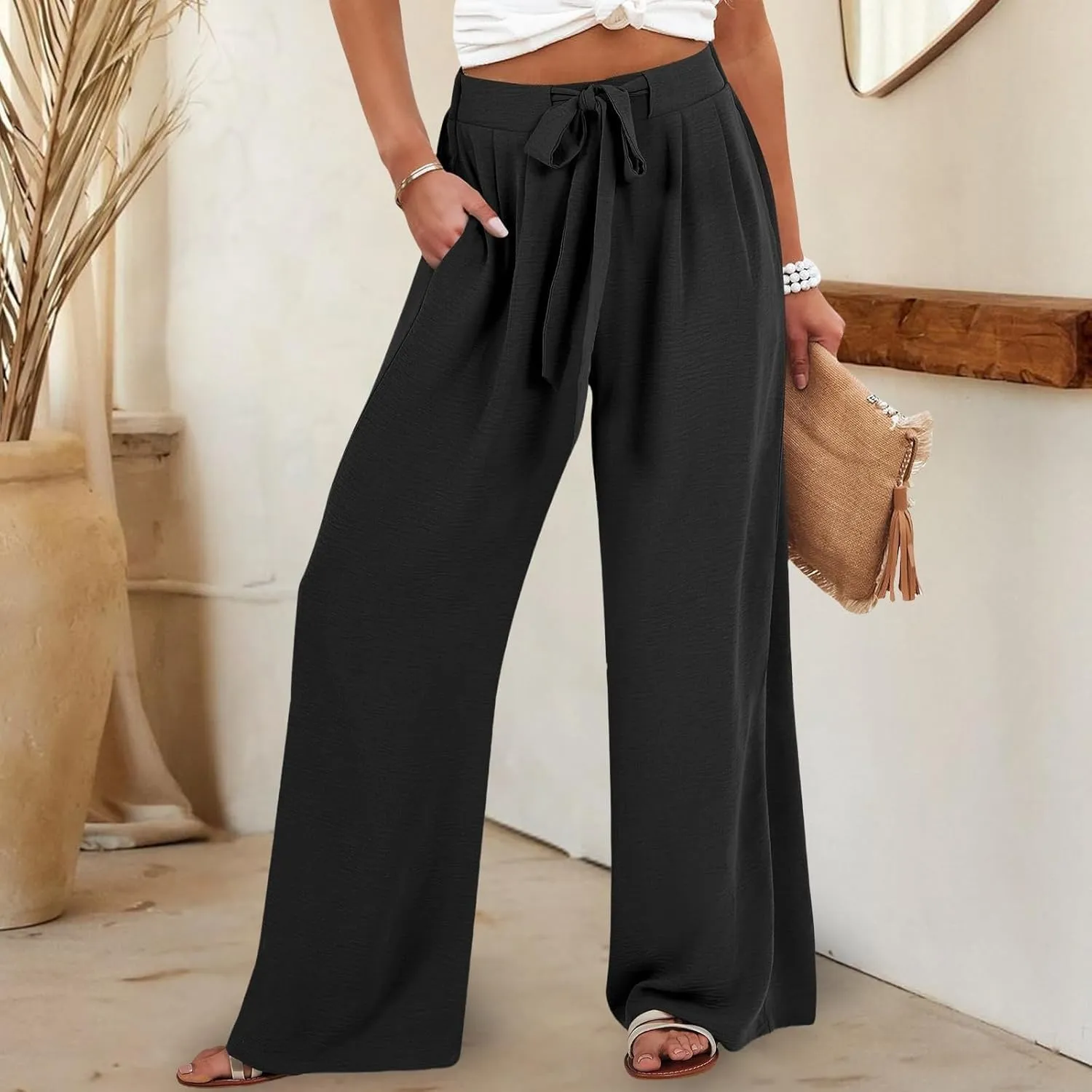 Palazzo Pants for Women Casual Dressy Tie High Waisted Wide Leg Linen Pants Baggy Flowy Boho Beach Pants with Pockets