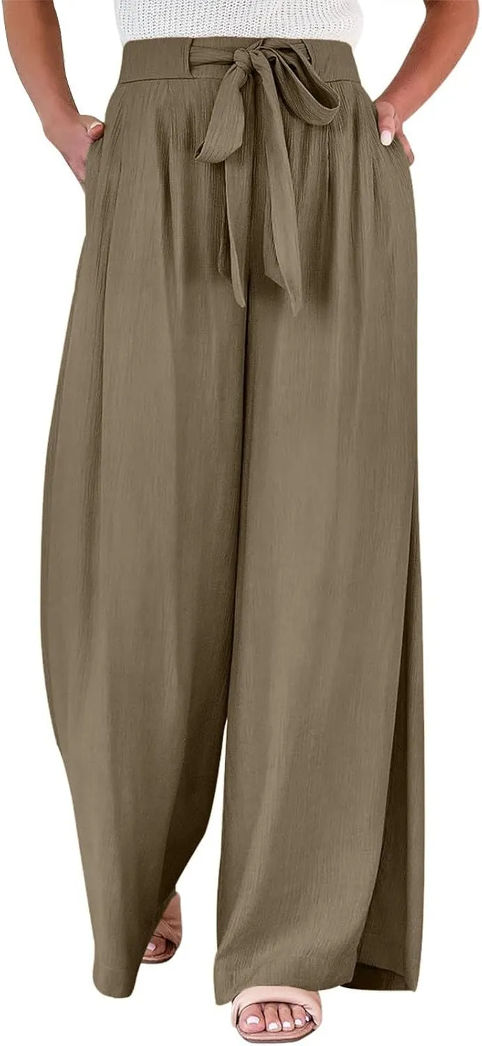 Palazzo Pants for Women Casual Dressy Tie High Waisted Wide Leg Linen Pants Baggy Flowy Boho Beach Pants with Pockets