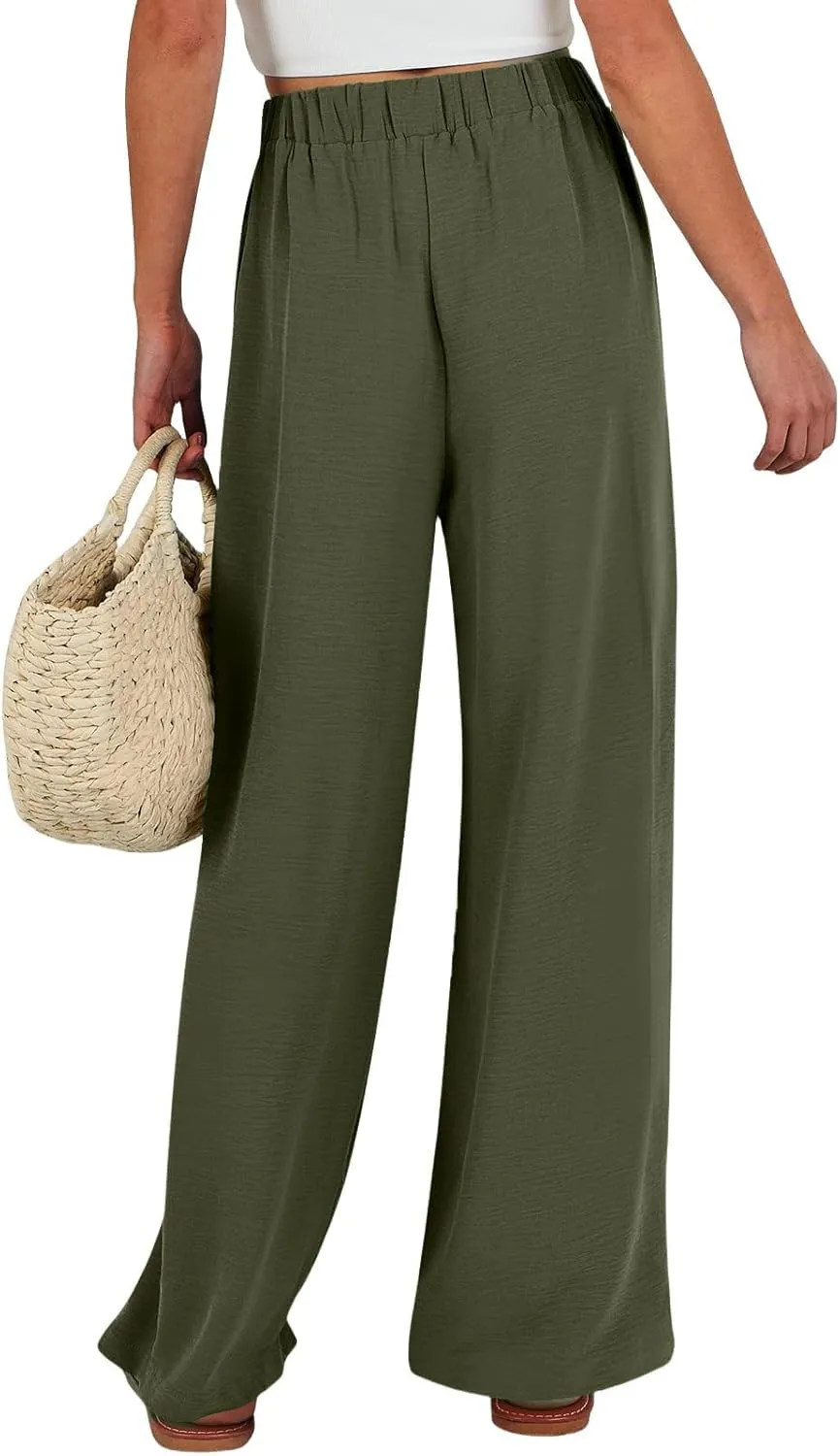 Palazzo Pants for Women Casual Dressy Tie High Waisted Wide Leg Linen Pants Baggy Flowy Boho Beach Pants with Pockets