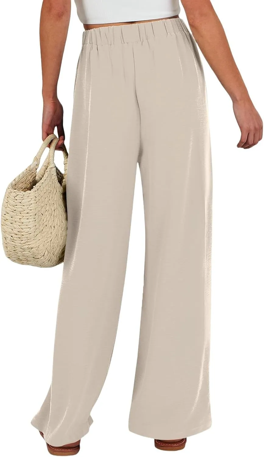 Palazzo Pants for Women Casual Dressy Tie High Waisted Wide Leg Linen Pants Baggy Flowy Boho Beach Pants with Pockets