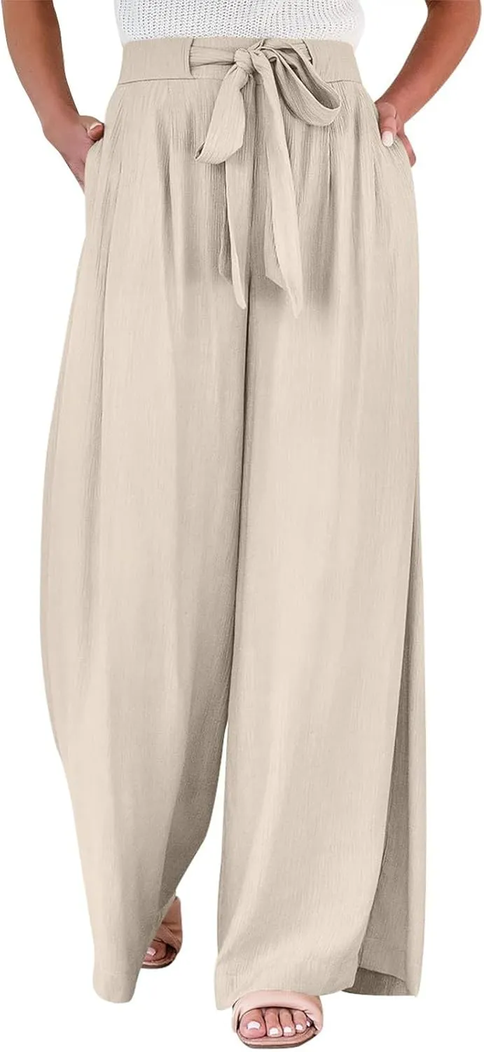 Palazzo Pants for Women Casual Dressy Tie High Waisted Wide Leg Linen Pants Baggy Flowy Boho Beach Pants with Pockets