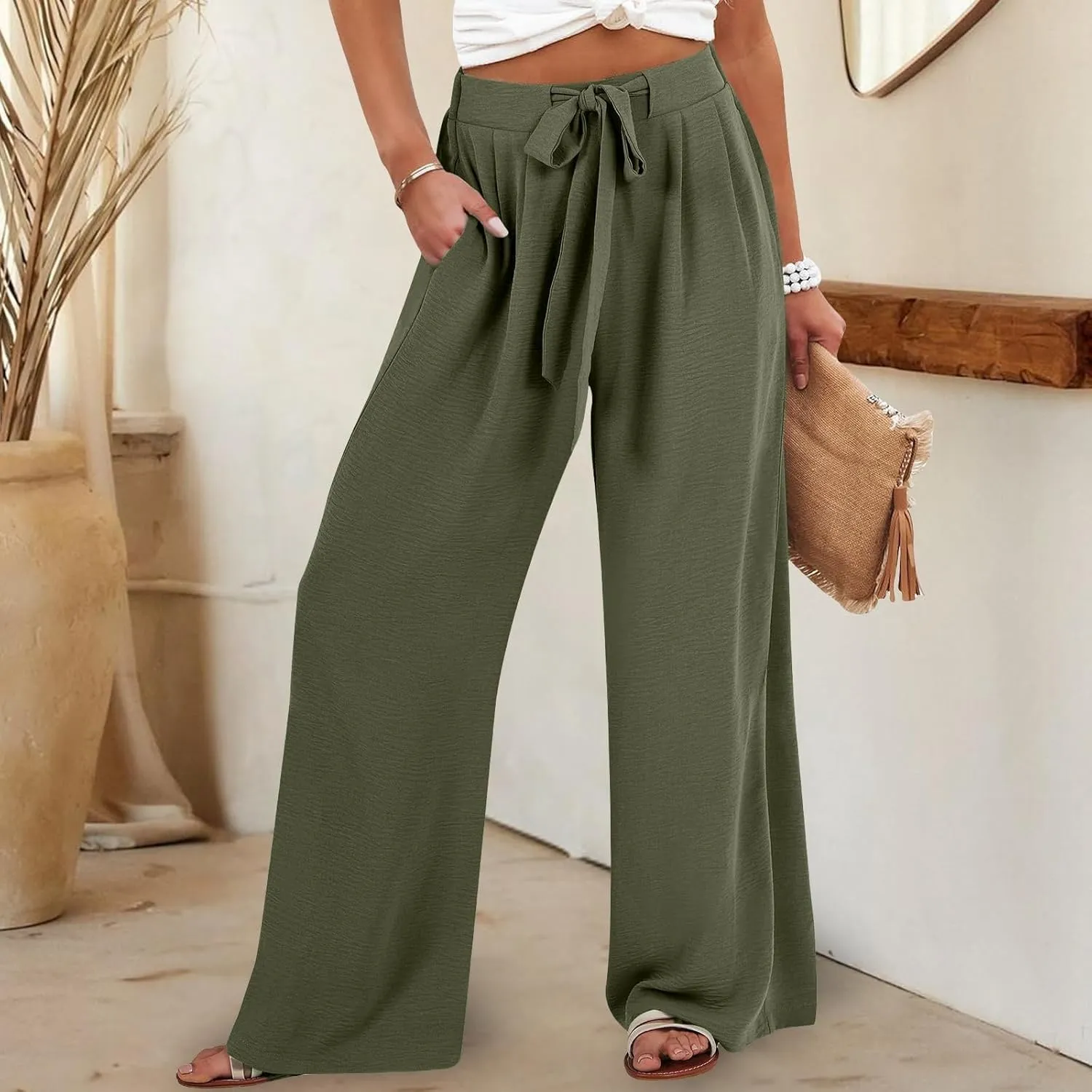 Palazzo Pants for Women Casual Dressy Tie High Waisted Wide Leg Linen Pants Baggy Flowy Boho Beach Pants with Pockets