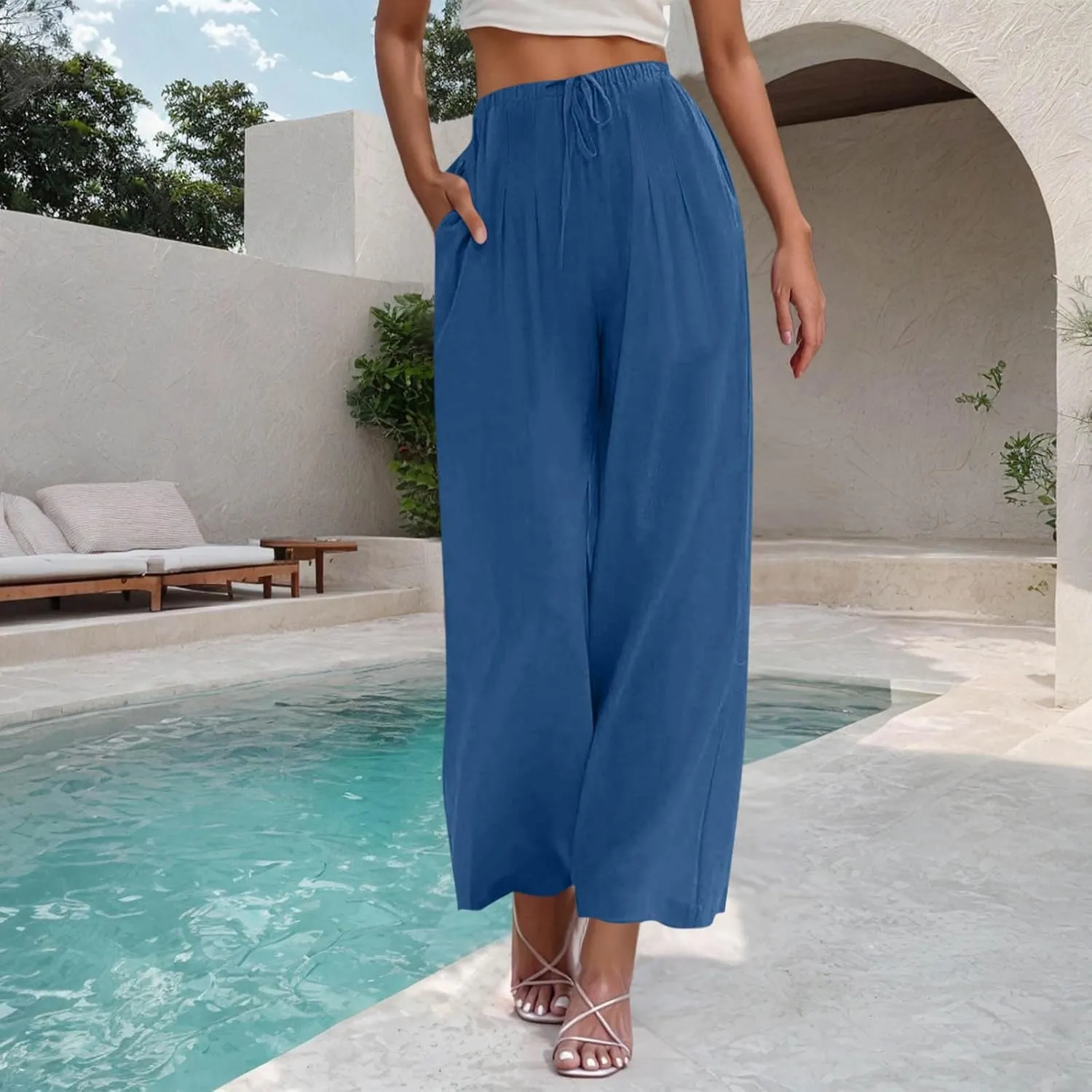 Palazzo Pants for Women High Waisted Straight Wide Leg Linen Trousers Drawstring Elastic Summer Outfits