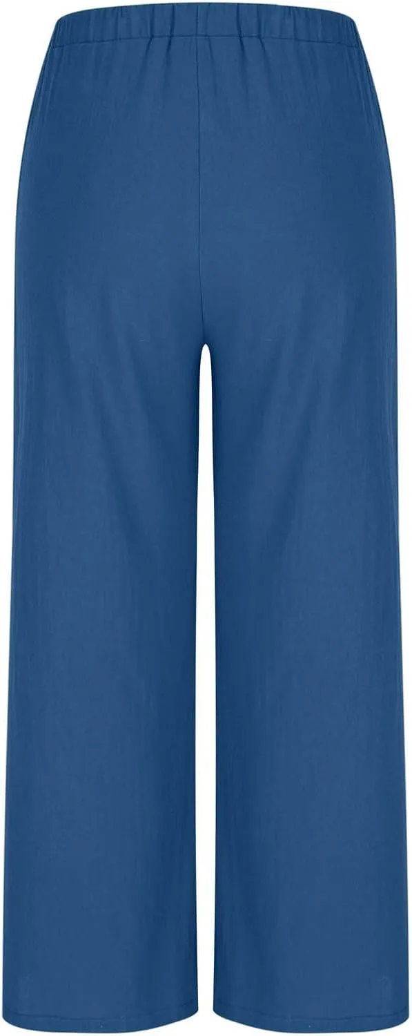 Palazzo Pants for Women High Waisted Straight Wide Leg Linen Trousers Drawstring Elastic Summer Outfits