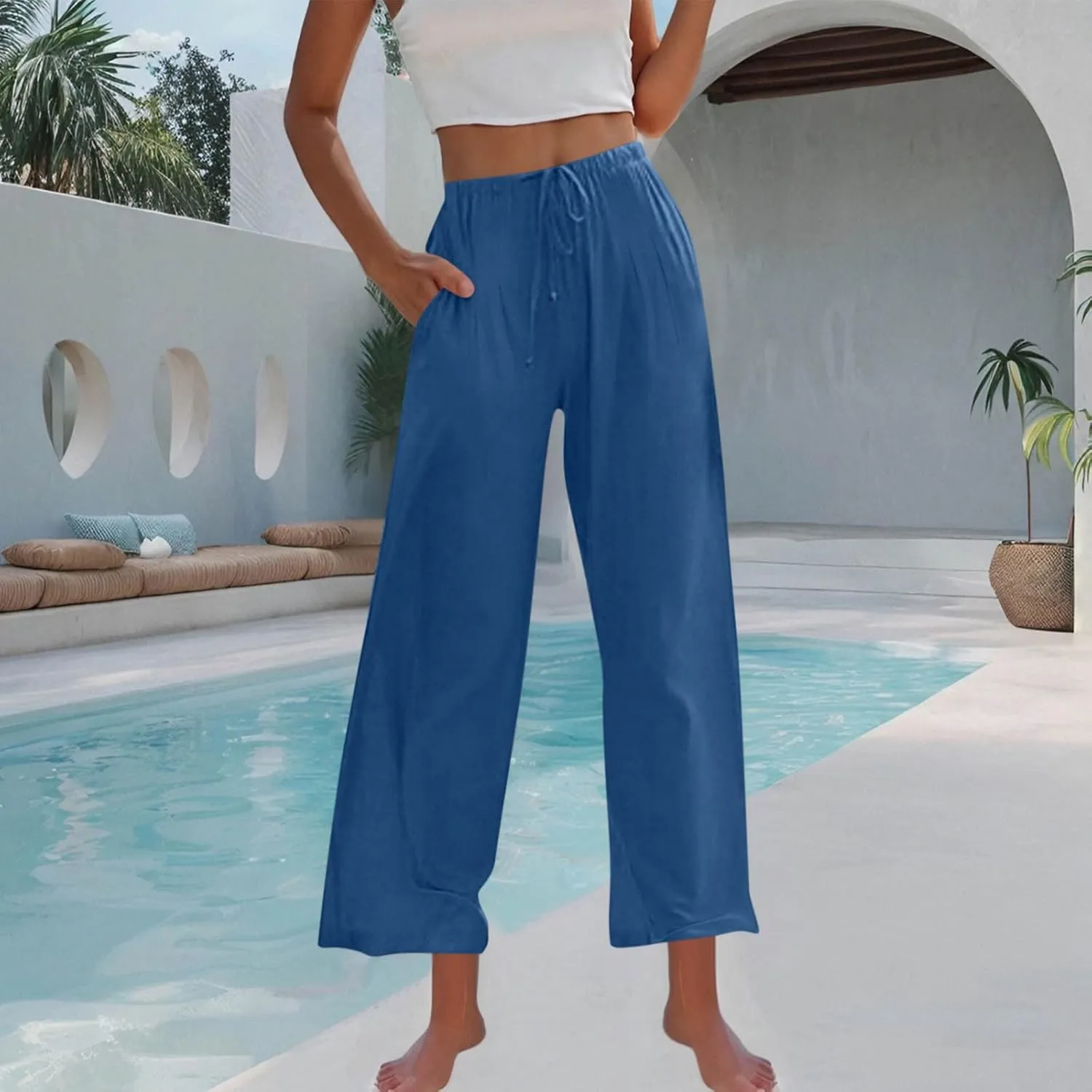 Palazzo Pants for Women High Waisted Straight Wide Leg Linen Trousers Drawstring Elastic Summer Outfits