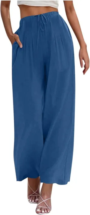 Palazzo Pants for Women High Waisted Straight Wide Leg Linen Trousers Drawstring Elastic Summer Outfits