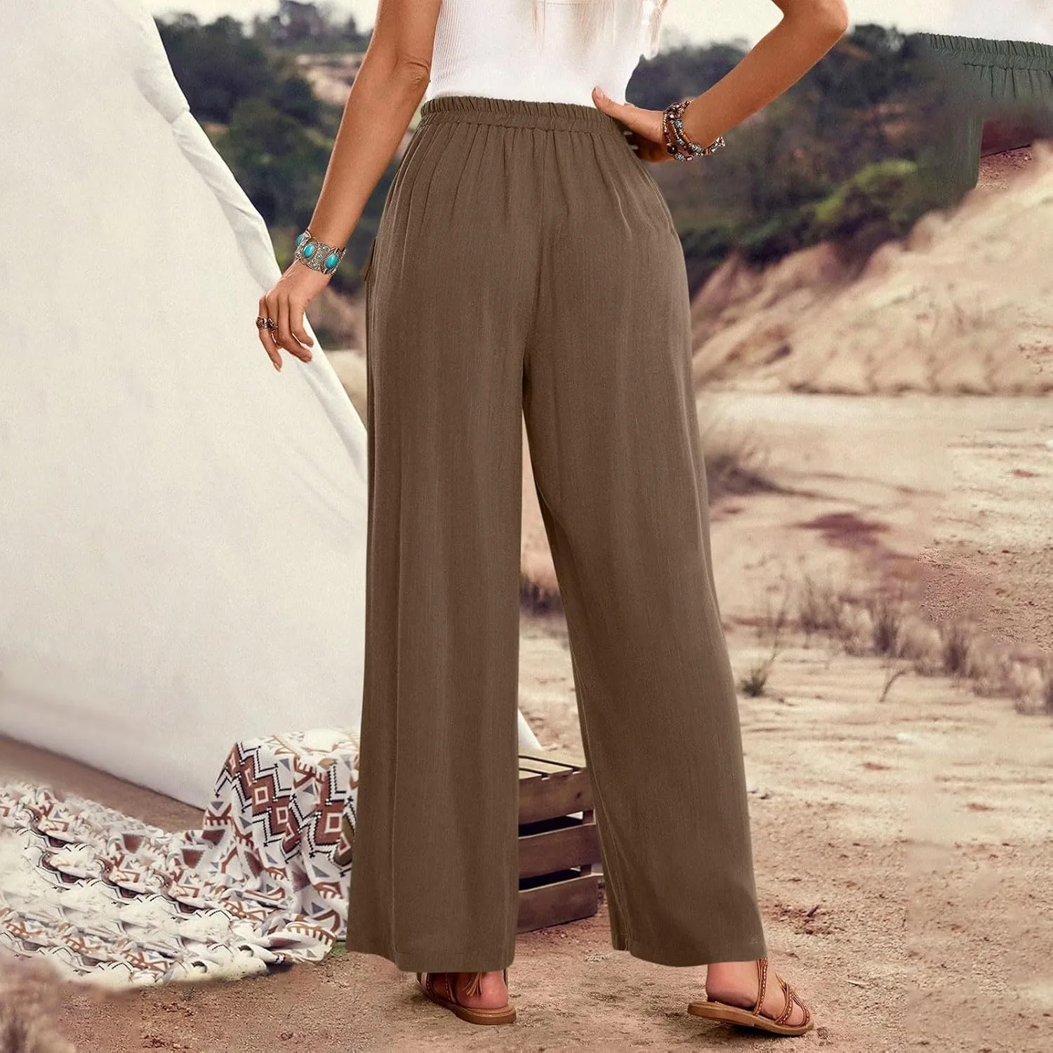 Palazzo Pants for Women,Drawstring Elastic Waist Wide Leg Pants Woman Summer Flowy Beach Vacation Office Trousers