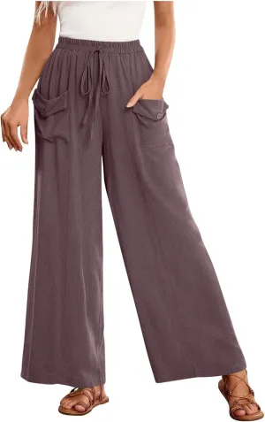 Palazzo Pants for Women,Drawstring Elastic Waist Wide Leg Pants Woman Summer Flowy Beach Vacation Office Trousers