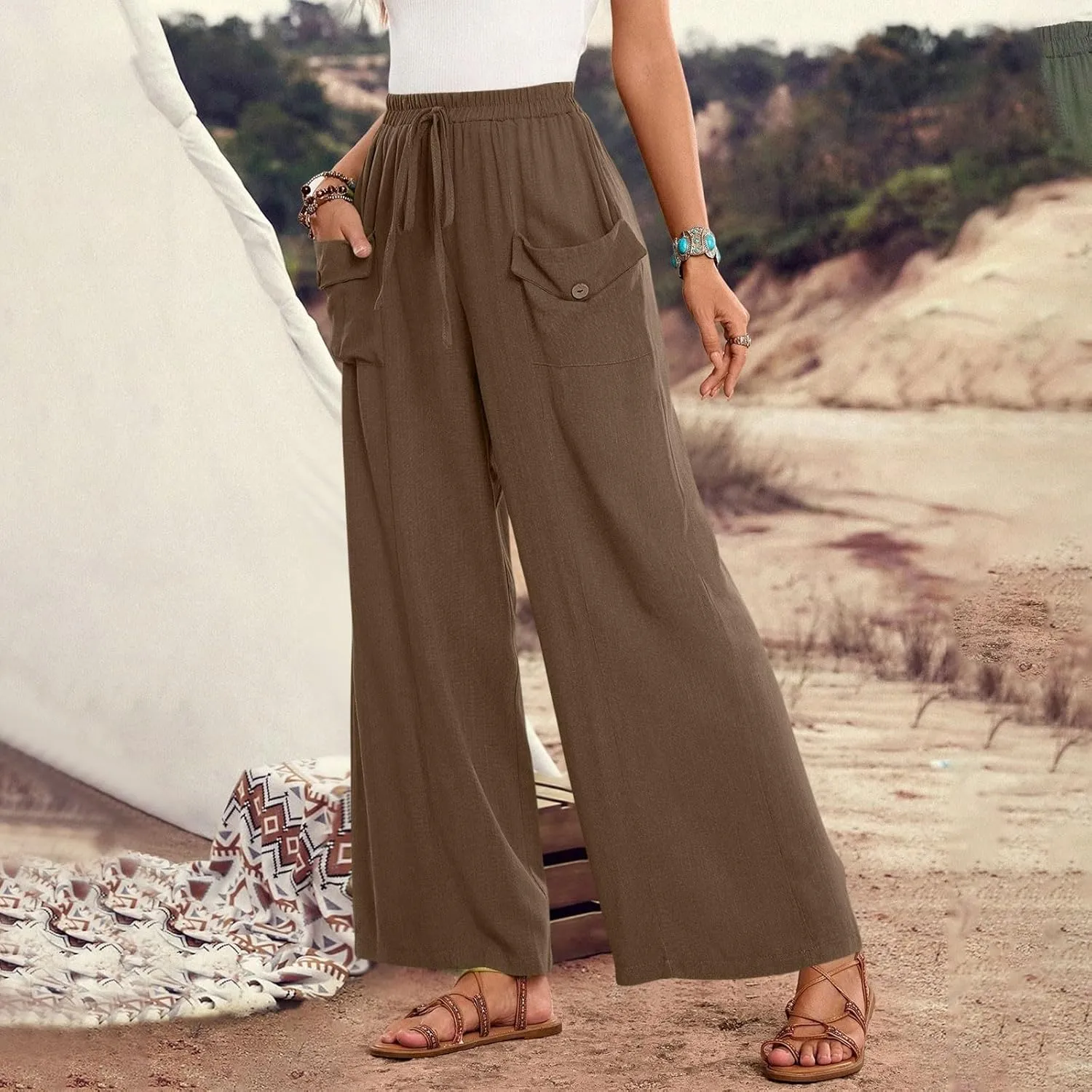 Palazzo Pants for Women,Drawstring Elastic Waist Wide Leg Pants Woman Summer Flowy Beach Vacation Office Trousers