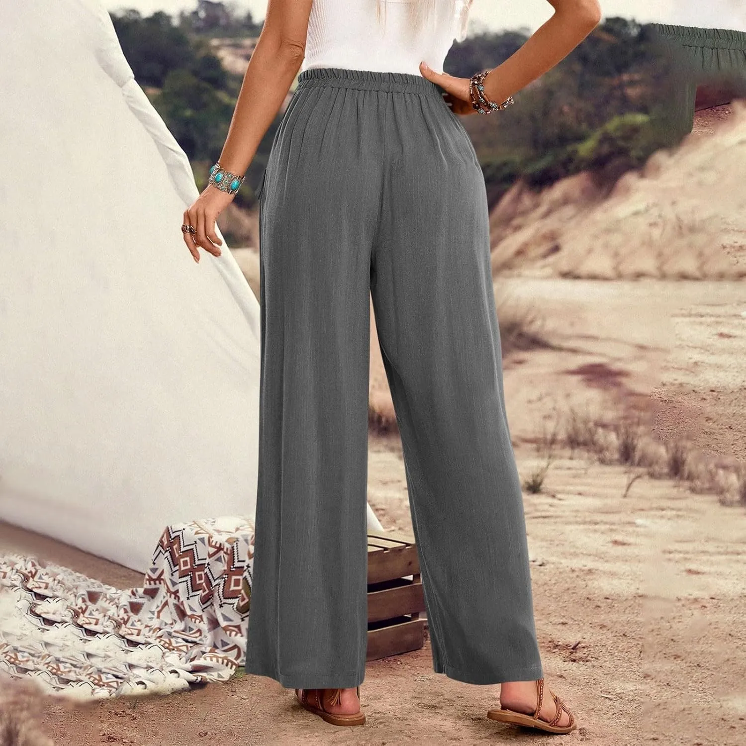 Palazzo Pants for Women,Drawstring Elastic Waist Wide Leg Pants Woman Summer Flowy Beach Vacation Office Trousers