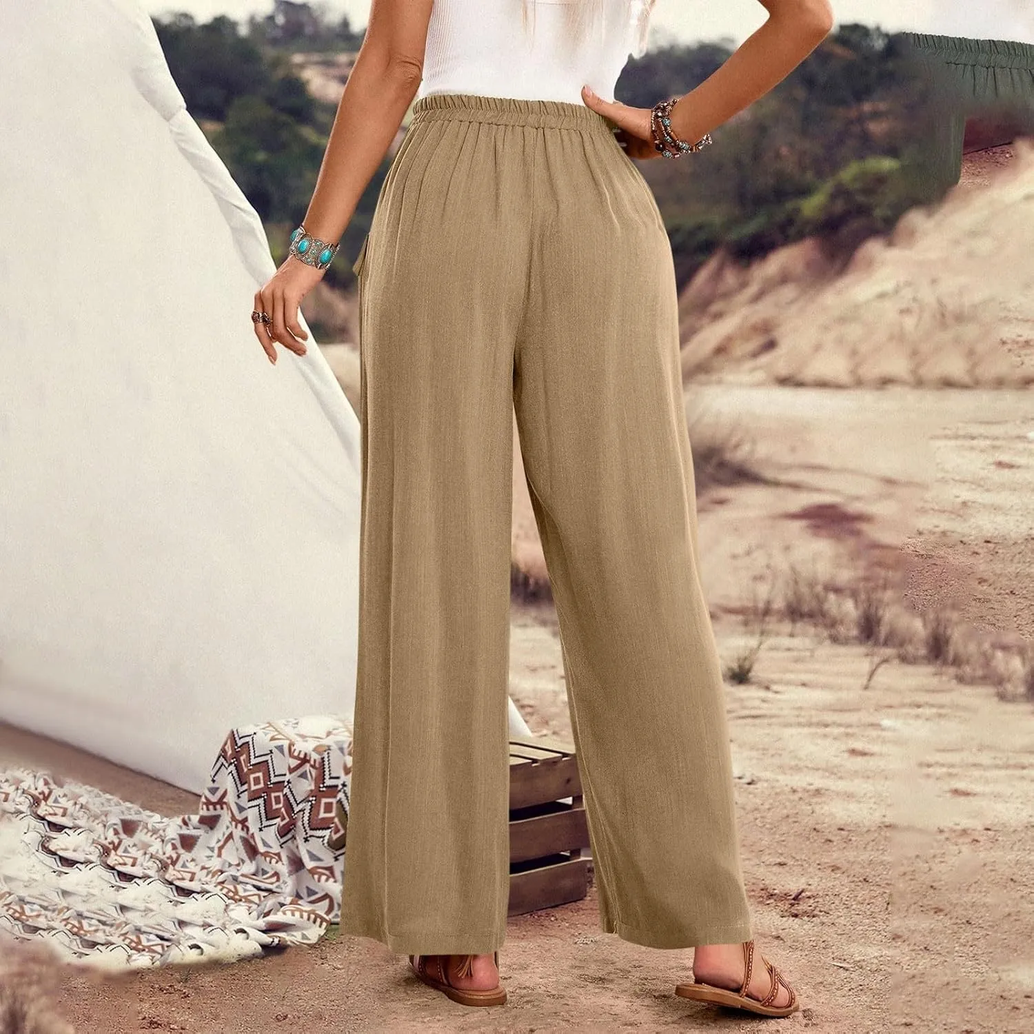 Palazzo Pants for Women,Drawstring Elastic Waist Wide Leg Pants Woman Summer Flowy Beach Vacation Office Trousers