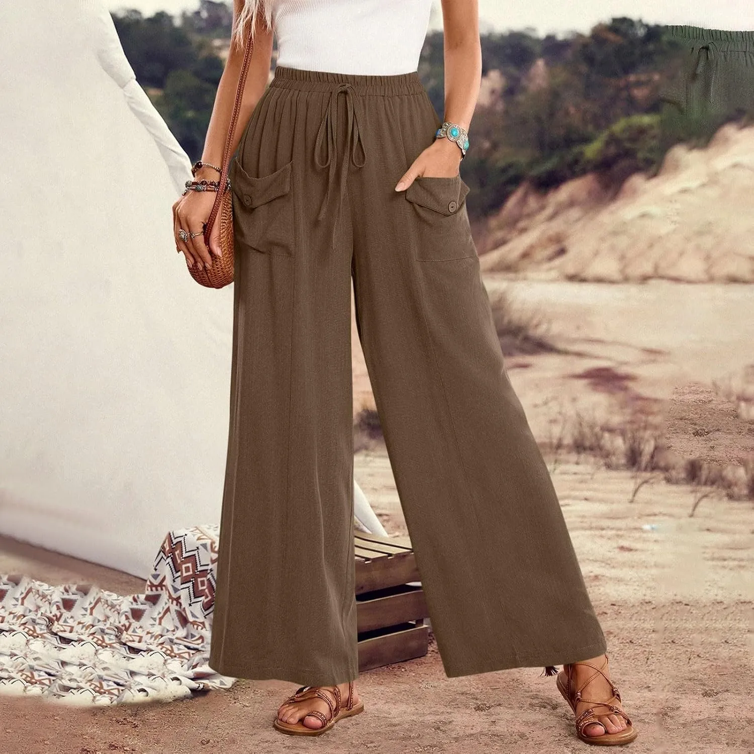 Palazzo Pants for Women,Drawstring Elastic Waist Wide Leg Pants Woman Summer Flowy Beach Vacation Office Trousers