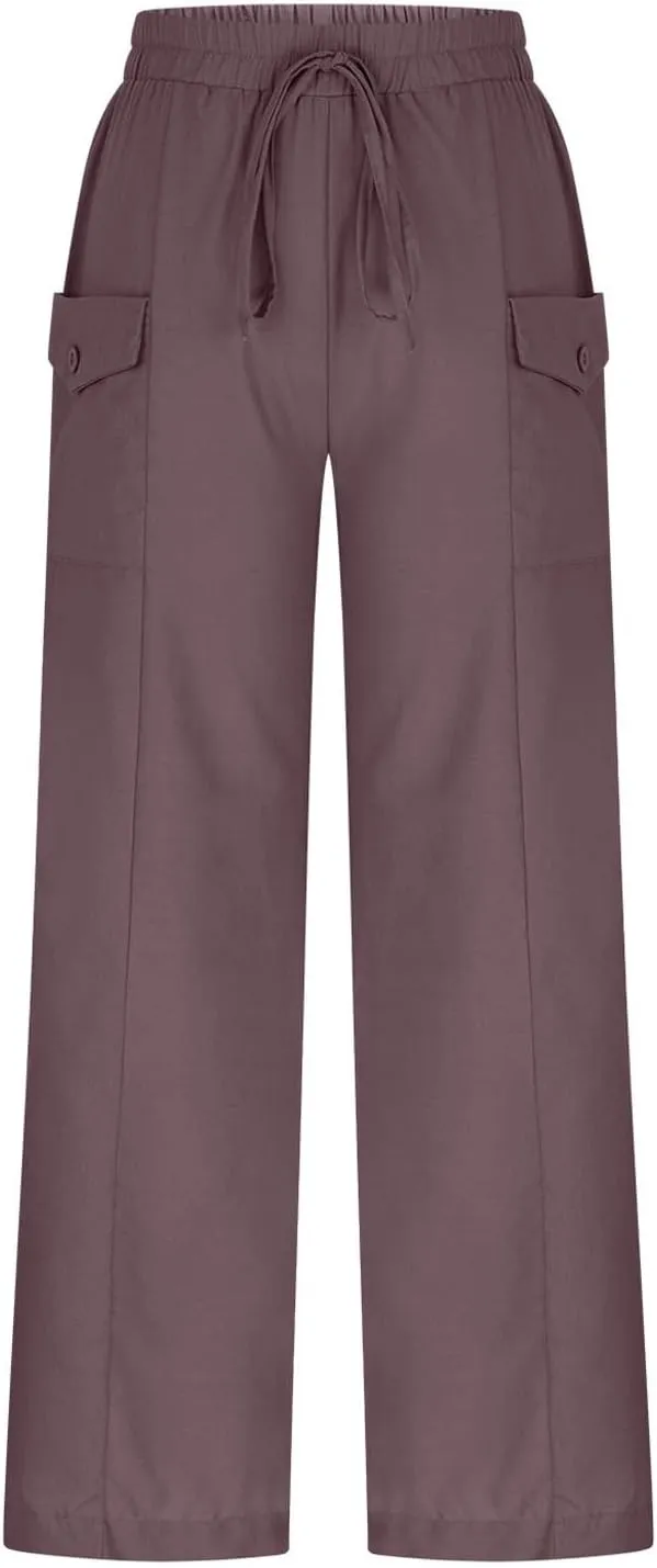 Palazzo Pants for Women,Drawstring Elastic Waist Wide Leg Pants Woman Summer Flowy Beach Vacation Office Trousers