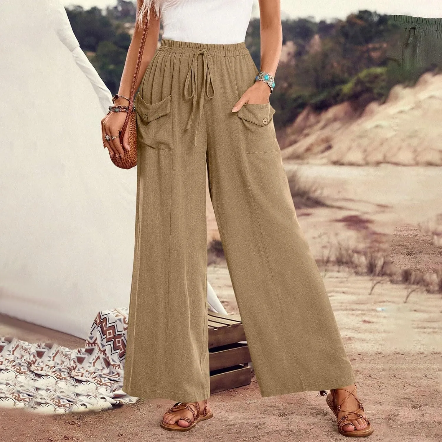 Palazzo Pants for Women,Drawstring Elastic Waist Wide Leg Pants Woman Summer Flowy Beach Vacation Office Trousers
