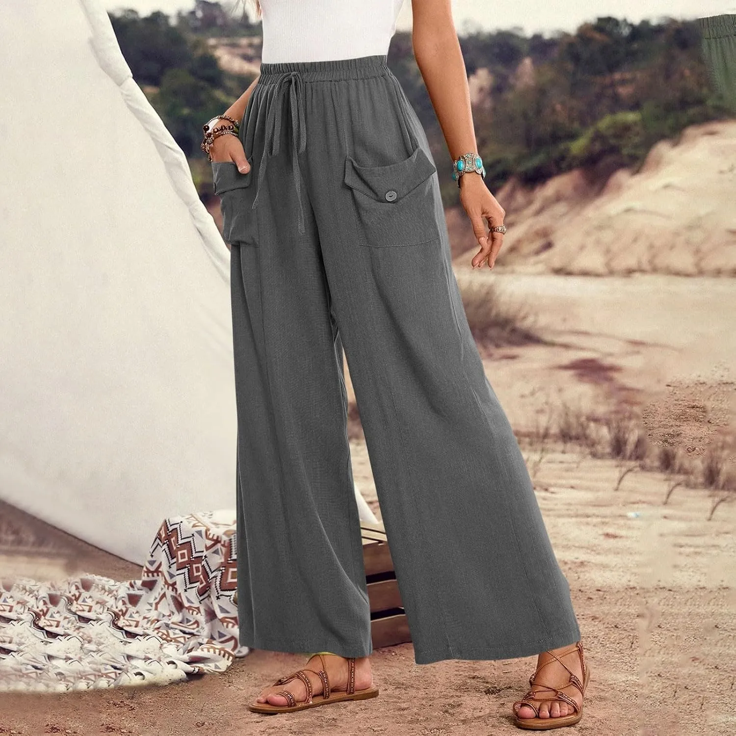 Palazzo Pants for Women,Drawstring Elastic Waist Wide Leg Pants Woman Summer Flowy Beach Vacation Office Trousers