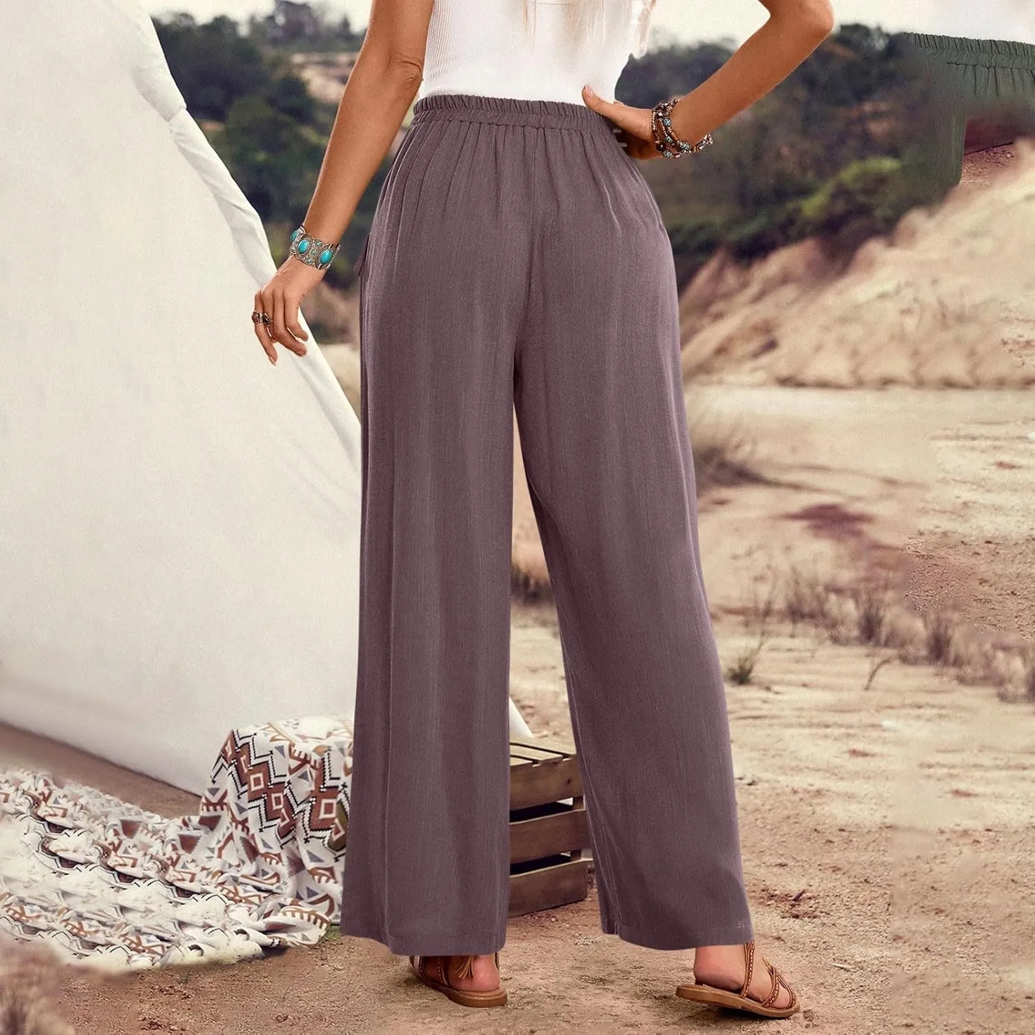 Palazzo Pants for Women,Drawstring Elastic Waist Wide Leg Pants Woman Summer Flowy Beach Vacation Office Trousers